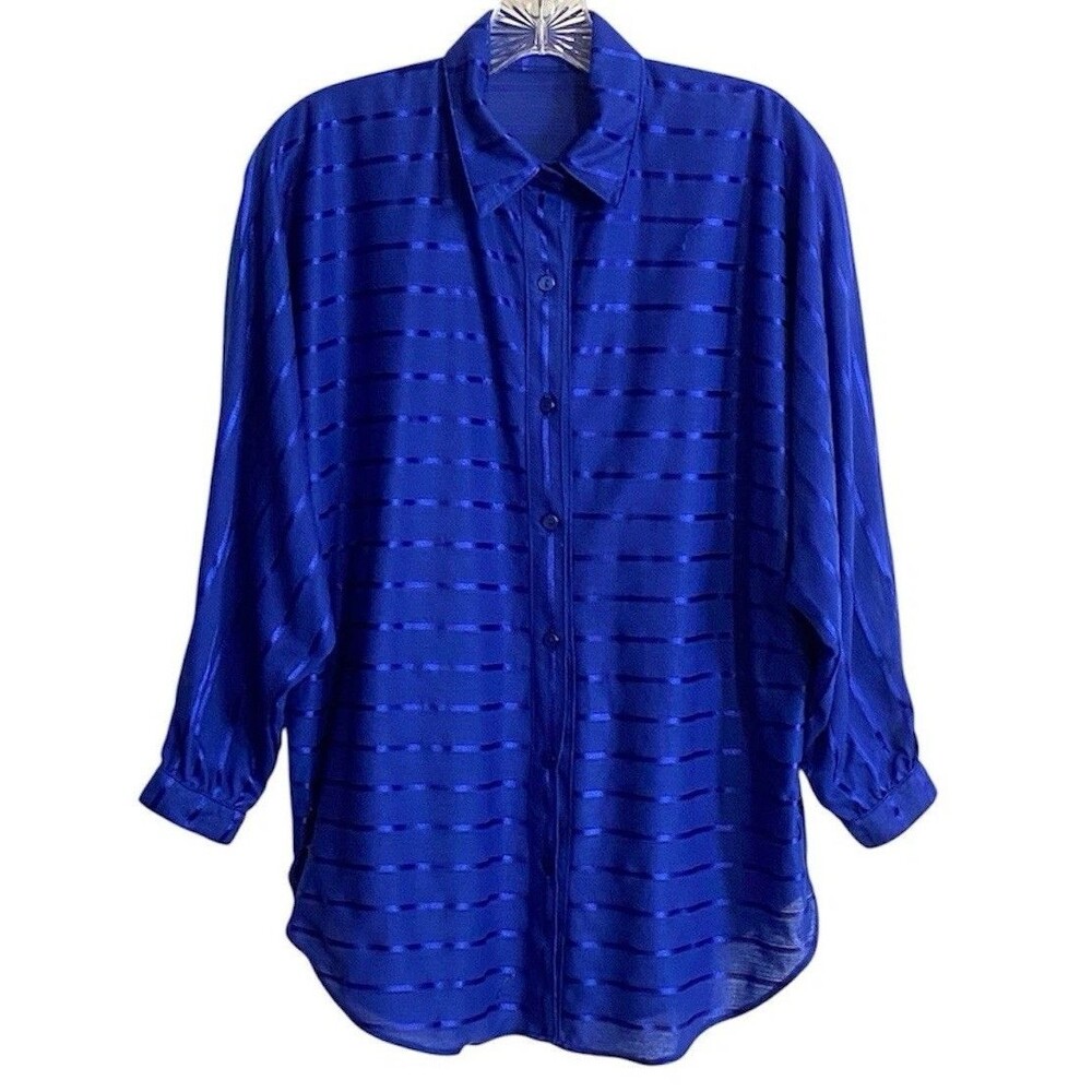 Womens Semi-Sheer Button Up Top 2X Blue Horizontal Satin Stripes Dolman Sleeves